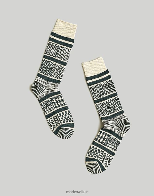Madewell Men RoToTo Jacquard Stripe Crew Socks Accessories Ivory Dark Green 8P486576