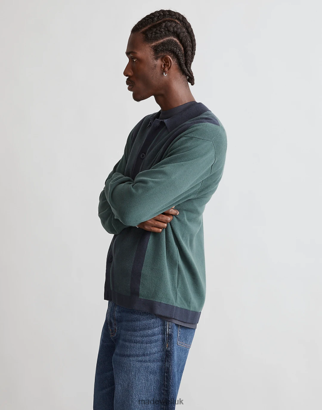 Madewell Men Button-Up Long-Sleeve Sweater Polo Clothing Midnight Green 8P486229
