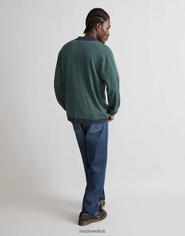 Madewell Men Button-Up Long-Sleeve Sweater Polo Clothing Midnight Green 8P486229